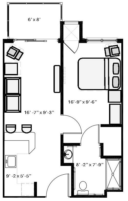 Spacious senior apartment layout with bedroom, living area, kitchen, and bathroom. Designed for comf.