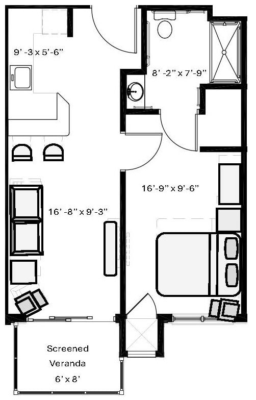 Comfortable senior apartment layout with bedroom, bathroom, and living area.