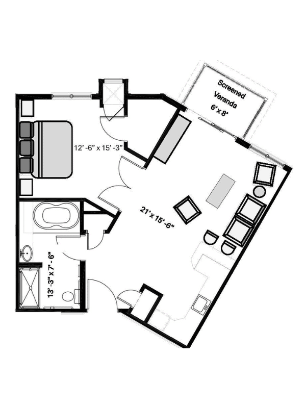 Floor plan of a senior living apartment with bedroom, bathroom, and screened veranda.