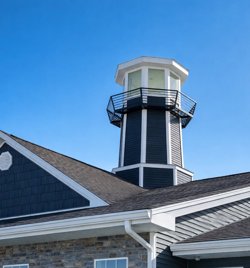 Lighthouse tower at Bella Largo Senior Living under a clear blue sky.