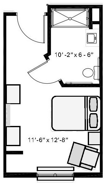 Floor plan of a senior living apartment with bedroom, bathroom, and living area.