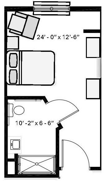 Senior living apartment layout with bedroom, bathroom, and living area.