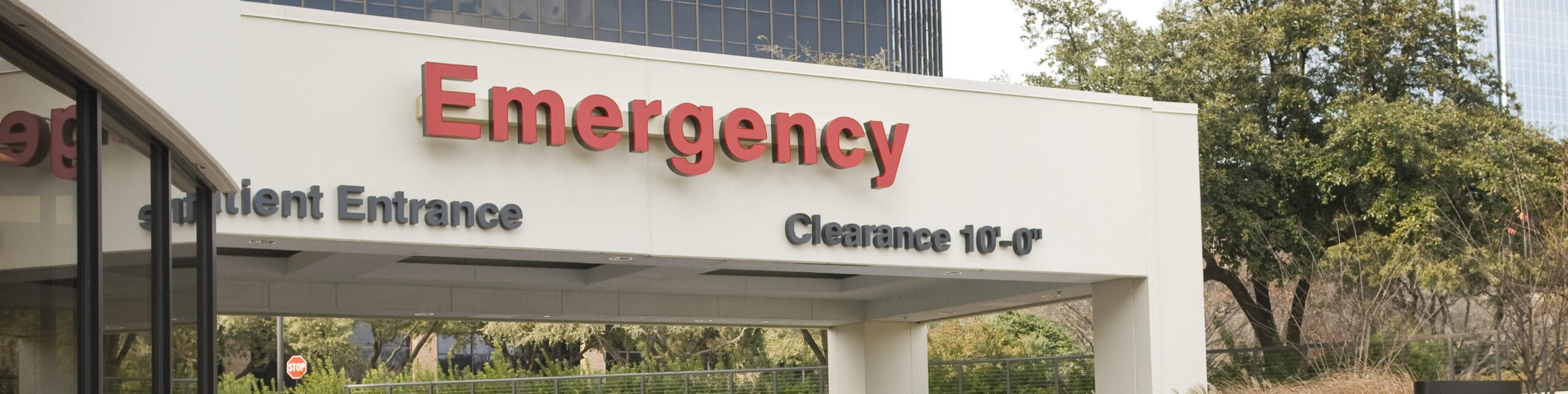 Emergency entrance at local hospital with clear signage.