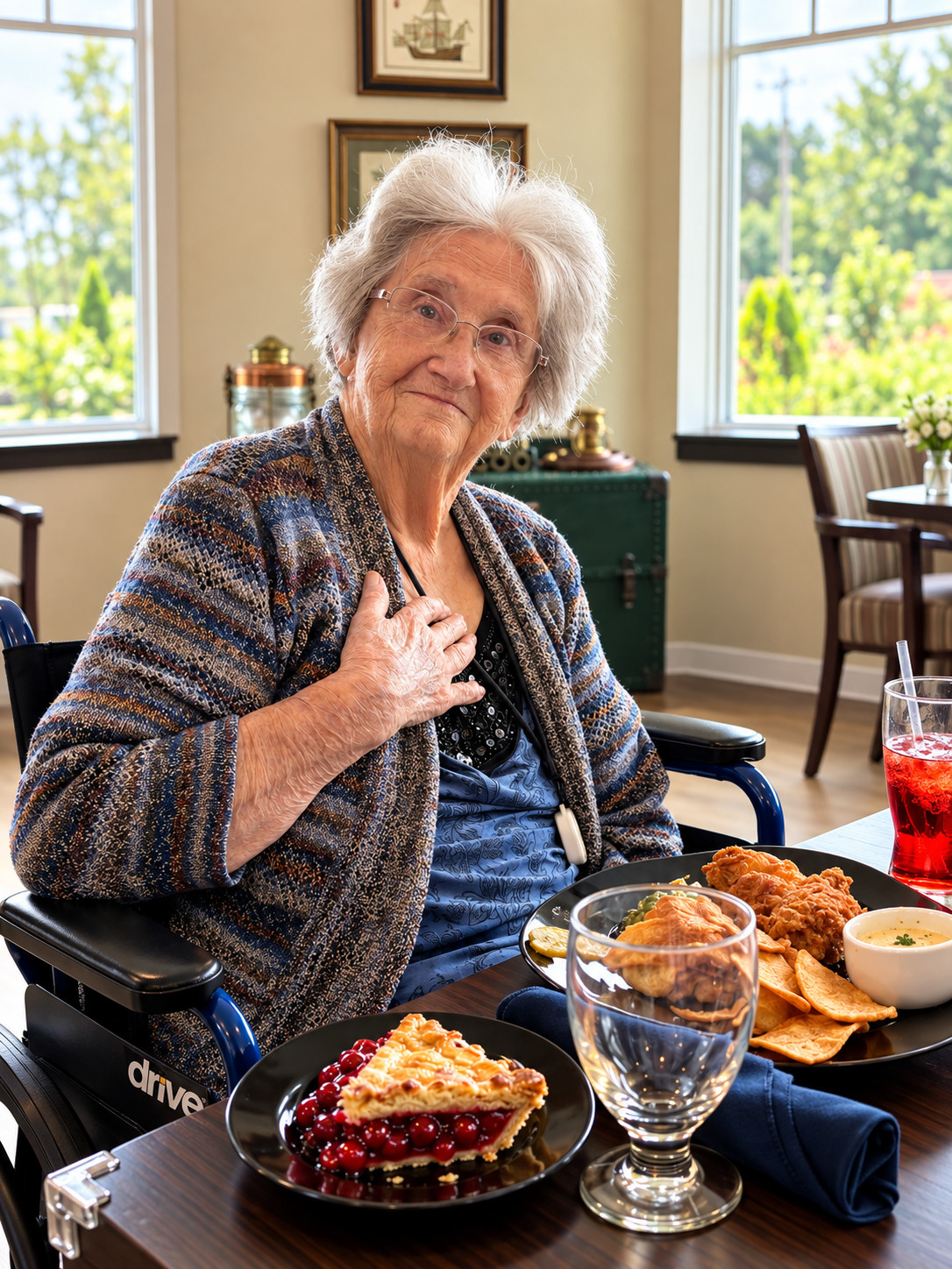 Elderly woman smiling at dining table in assisted living community.