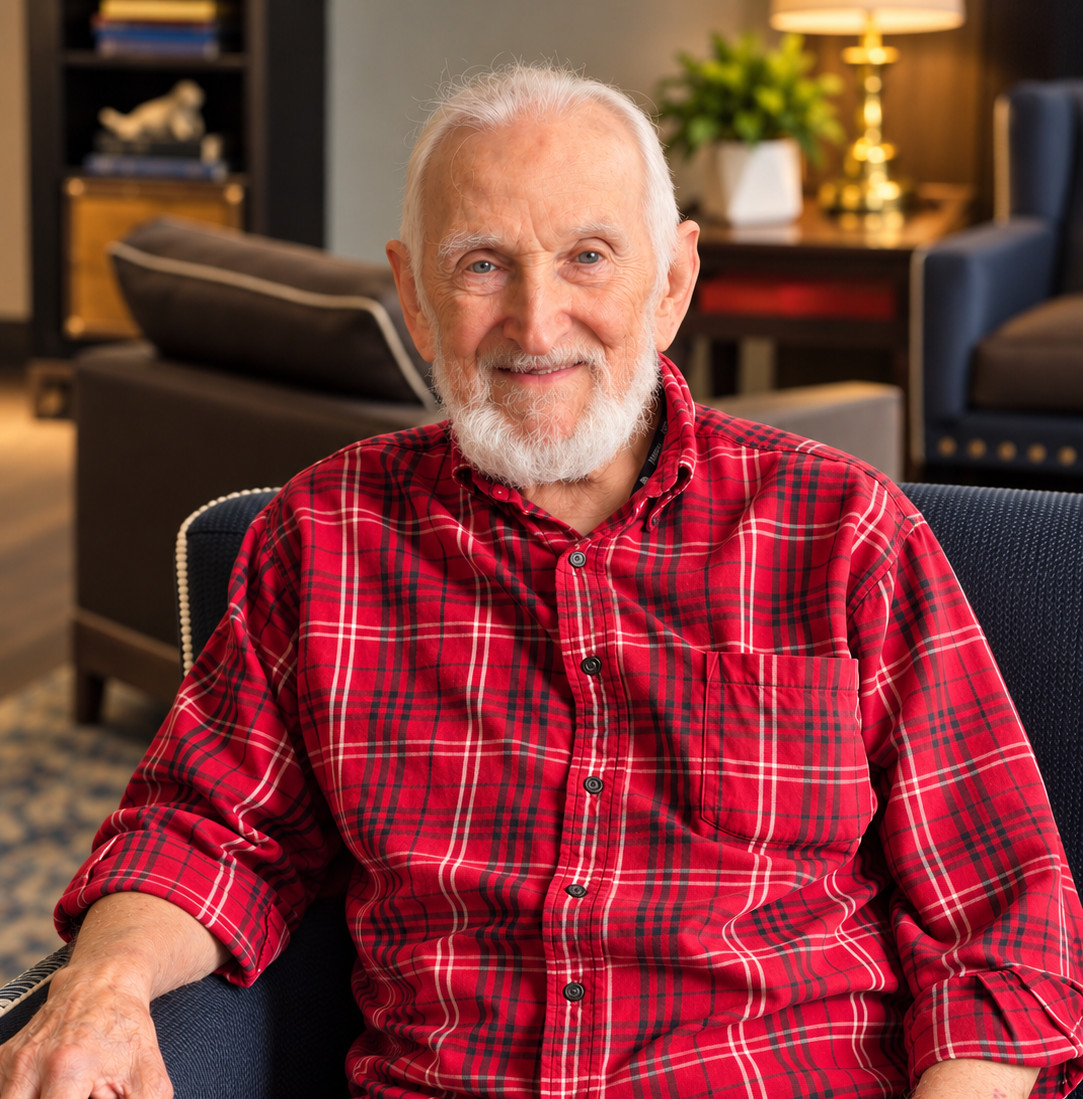 Happy senior man sitting comfortably in Bella Largo senior living community.