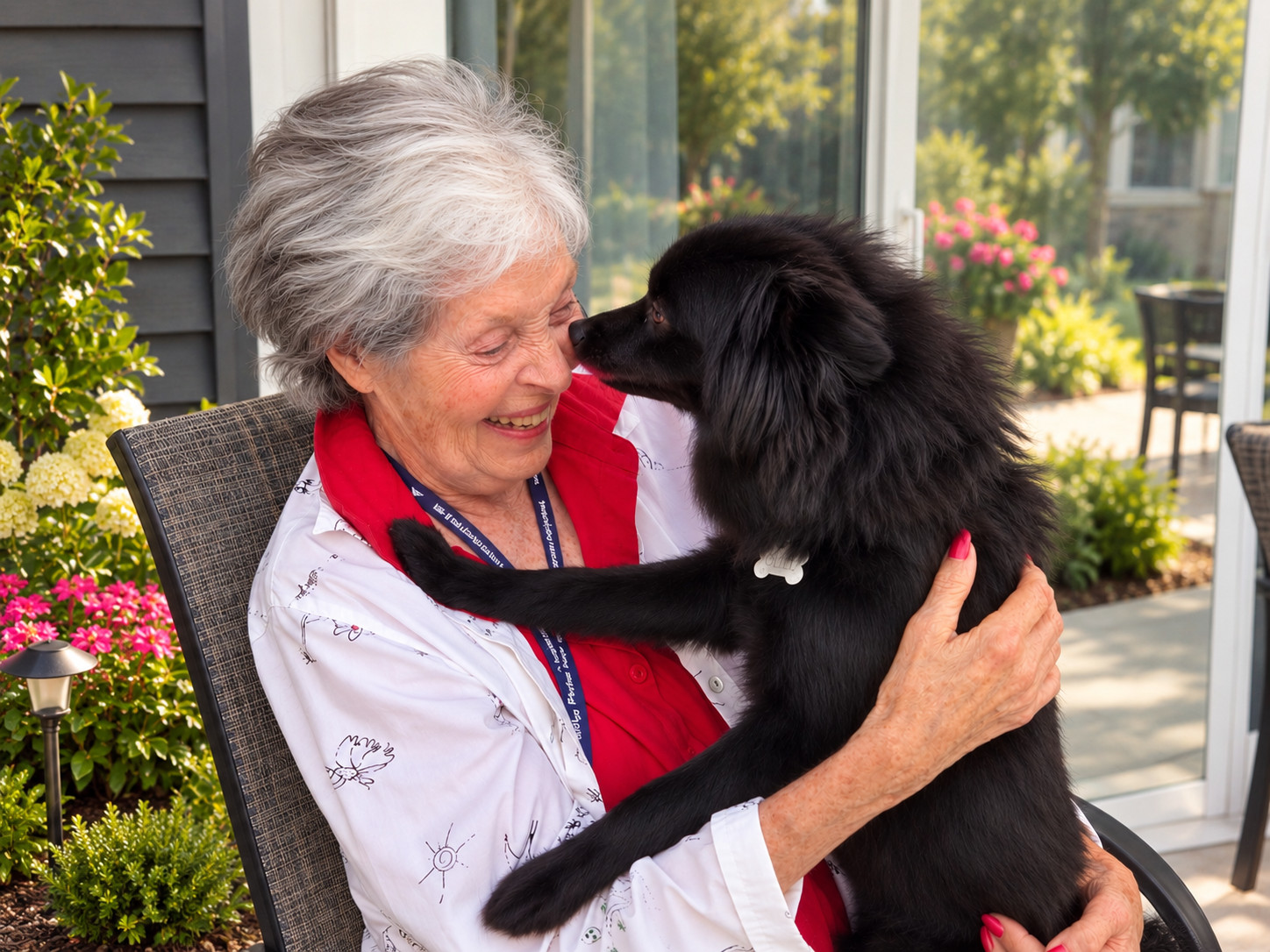 Senior woman smiling with her dog outdoors at Bella Largo senior living community.