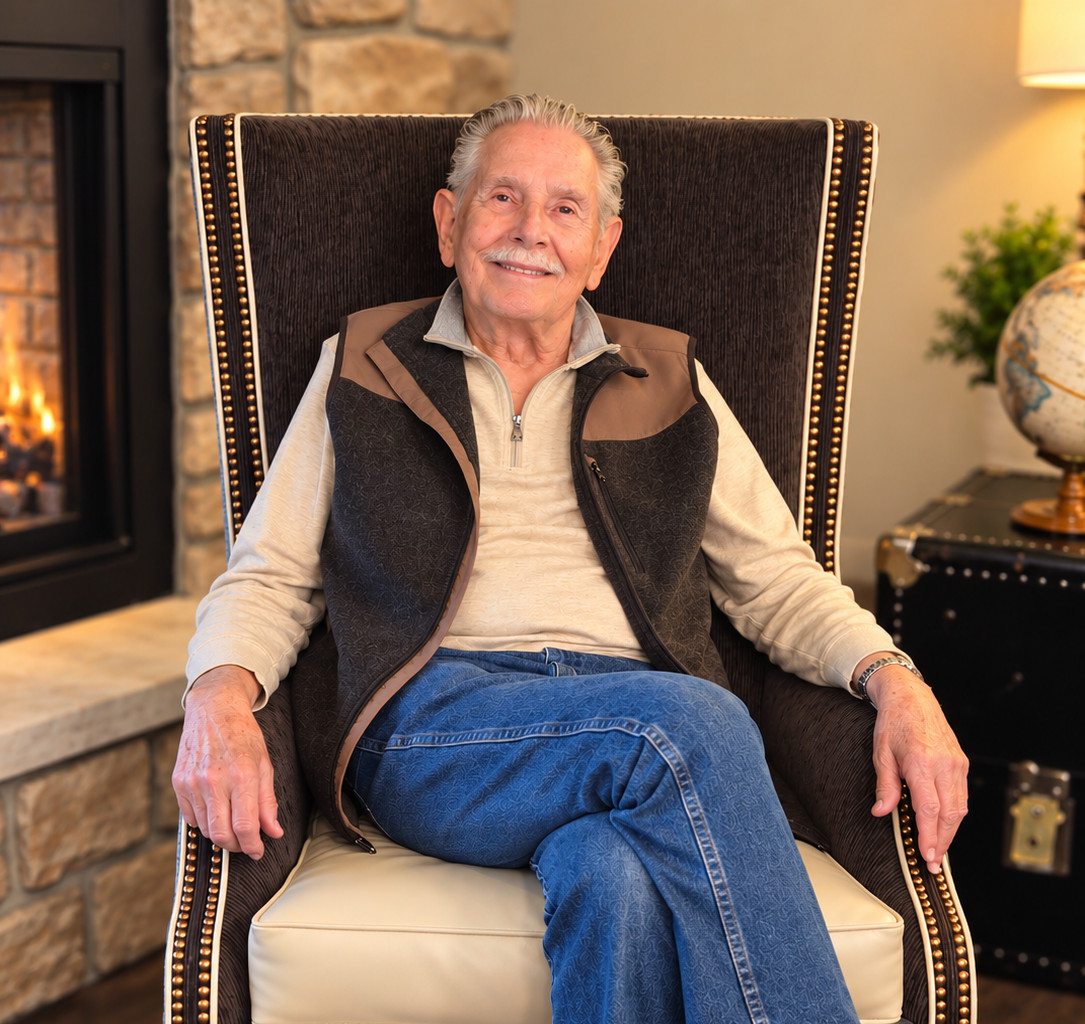 Elderly man smiling comfortably in a senior living community.