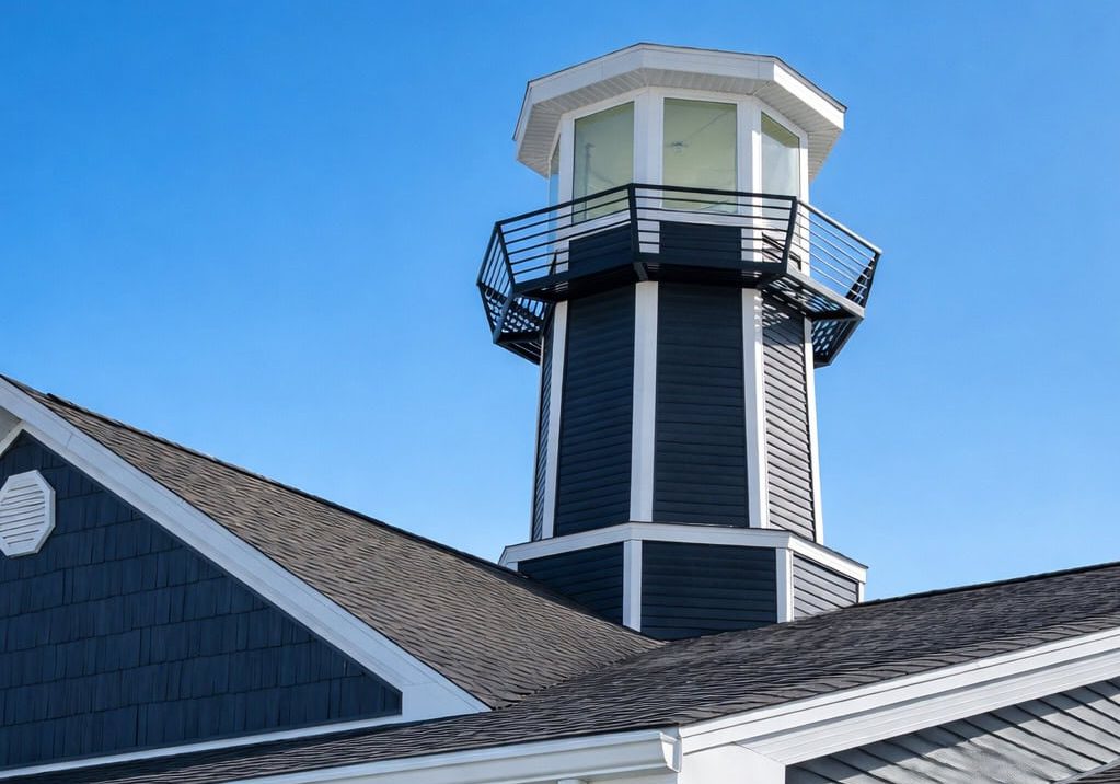 Lighthouse tower at Bella Largo Senior Living under a clear blue sky.