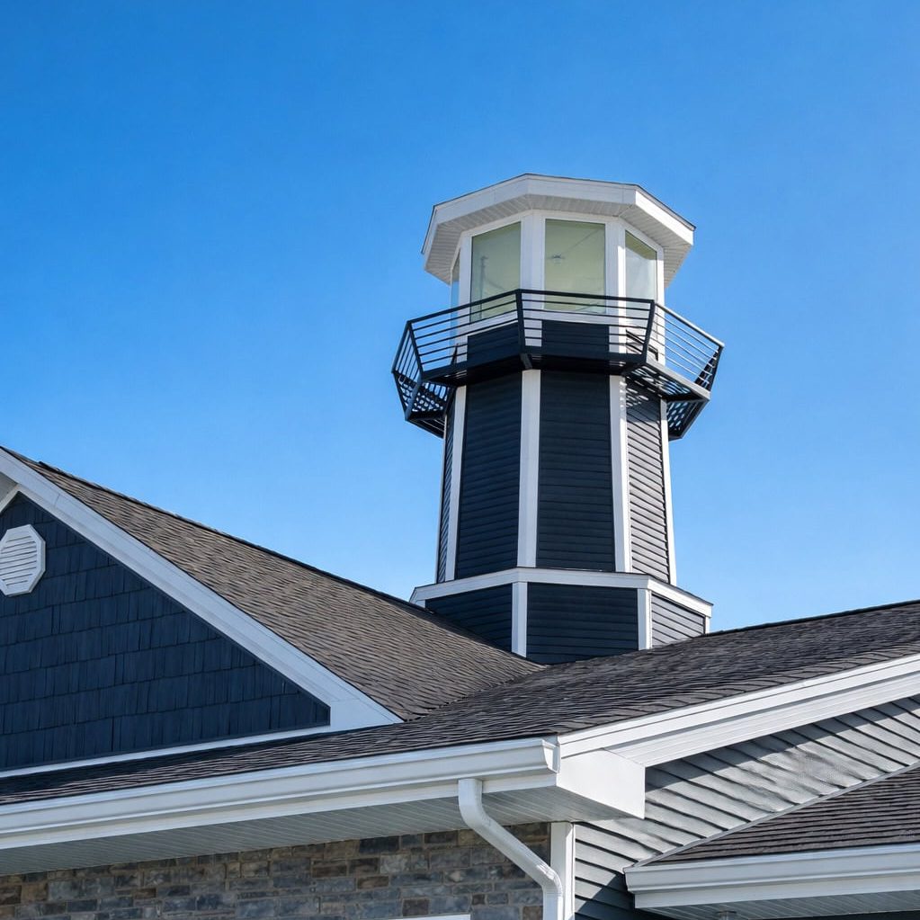 Lighthouse tower at Bella Largo Senior Living under a clear blue sky.