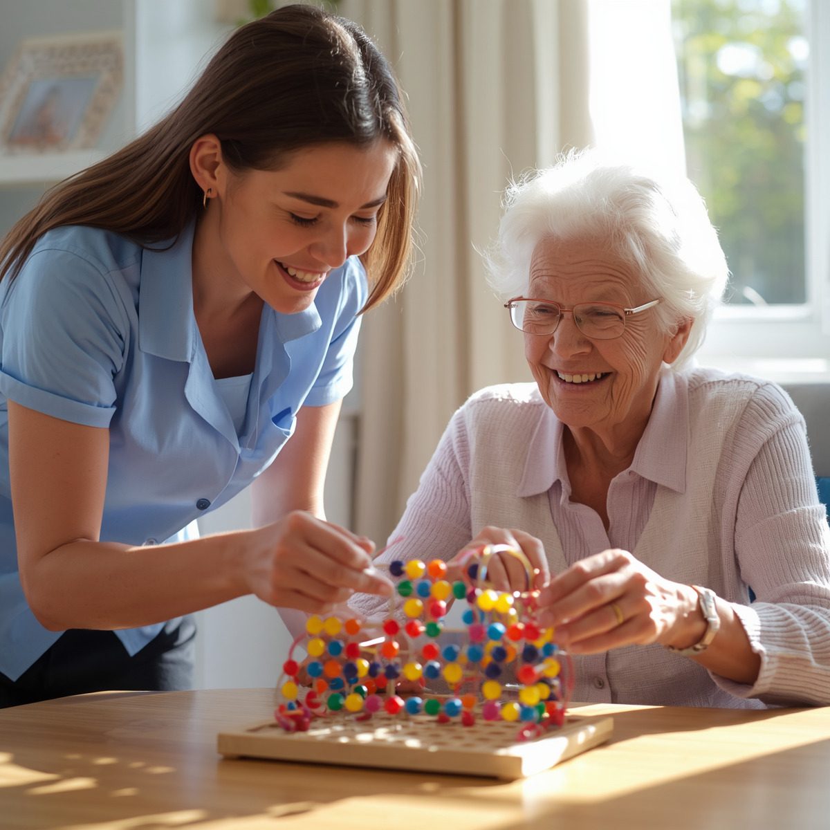 Caregiver helping senior woman with bead maze toy (1)