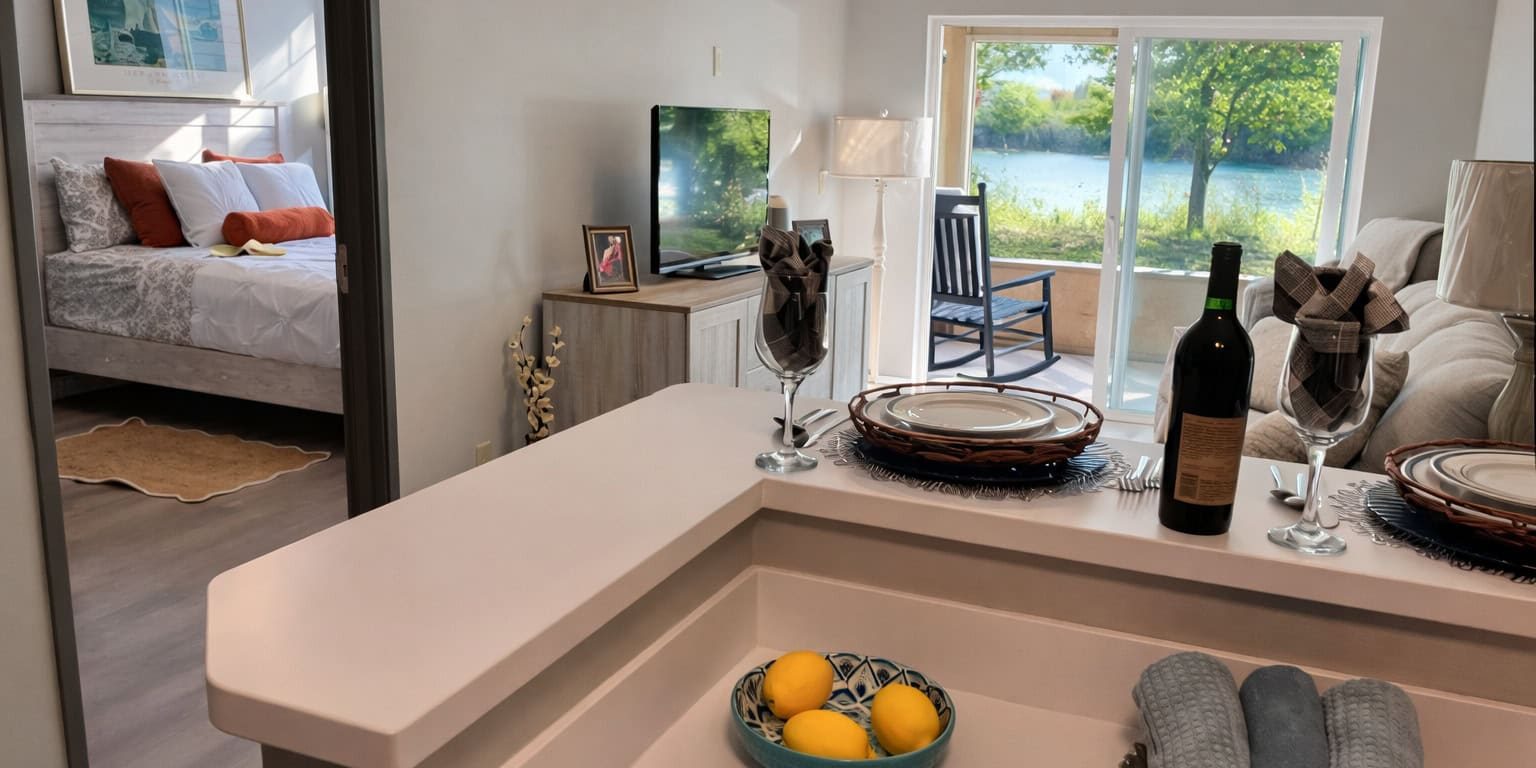 Bright living space with large window overlooking nature at Bella Largo Senior Living.