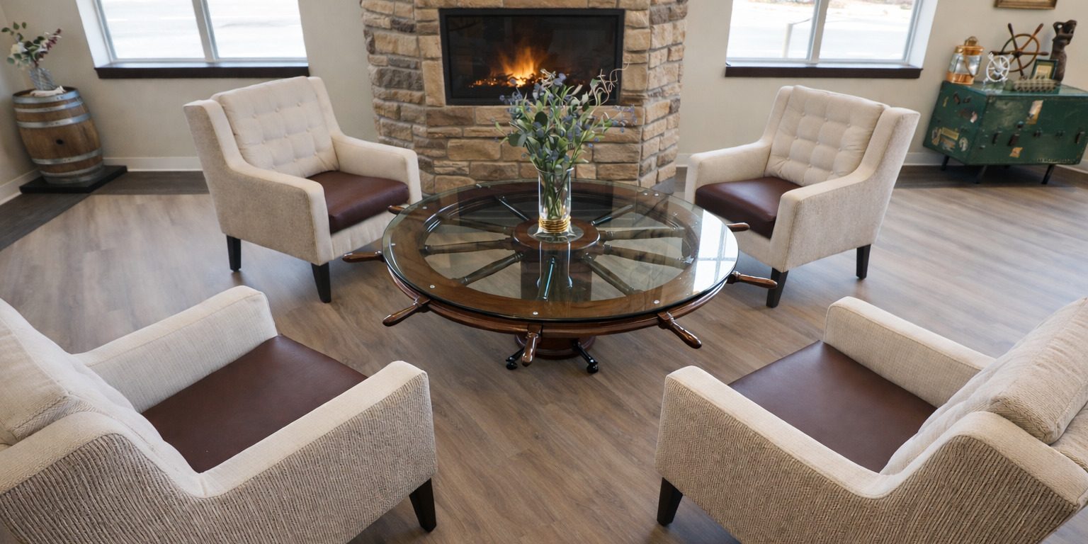 Cozy lounge with fireplace and nautical decor